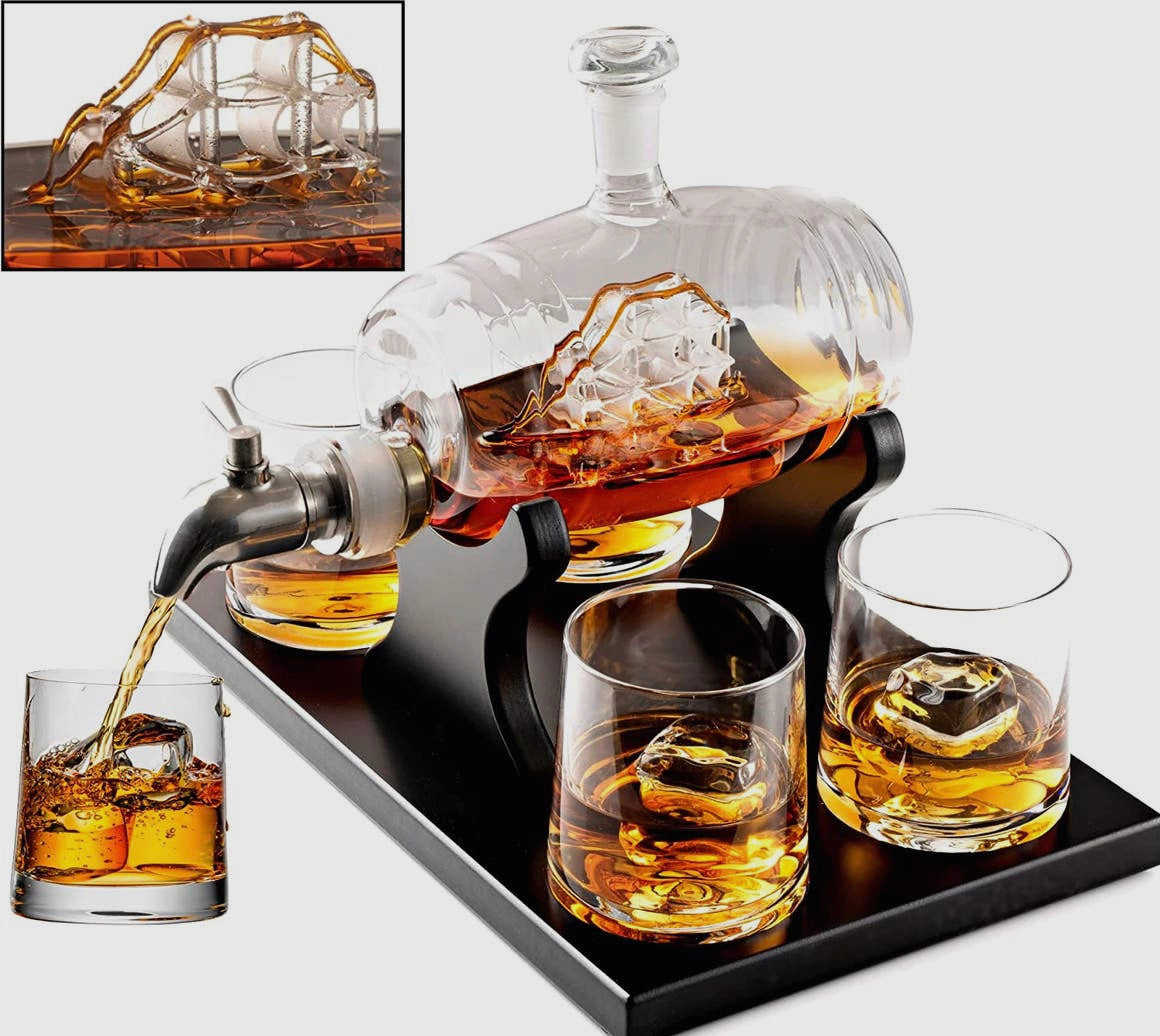Whiskey Decanter Barrel Gift Set