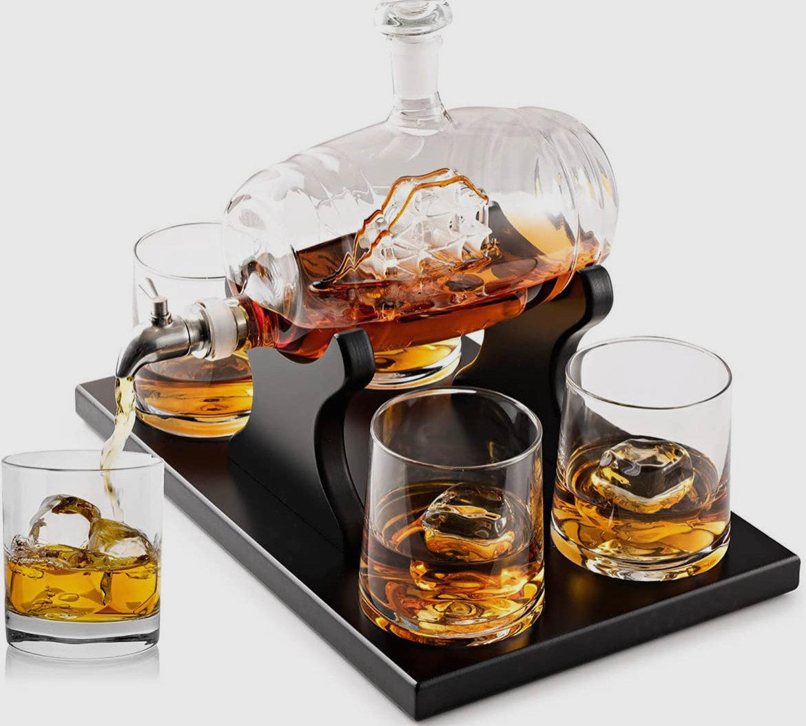 Whiskey Decanter Barrel Gift Set