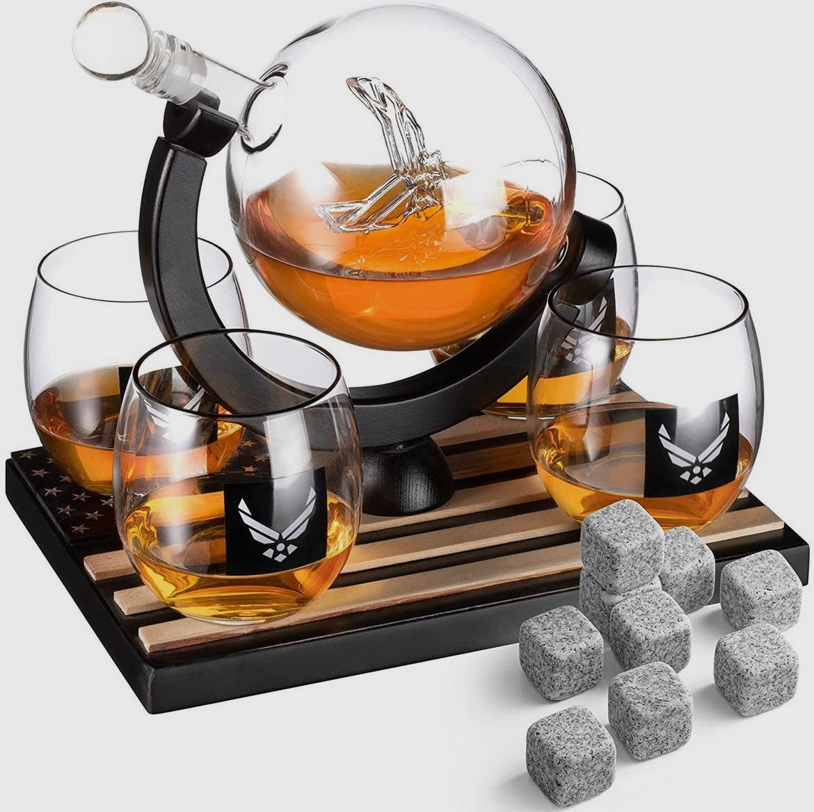 Globe Whiskey Decanter Set with 4 Liquor Glasses - Airforce