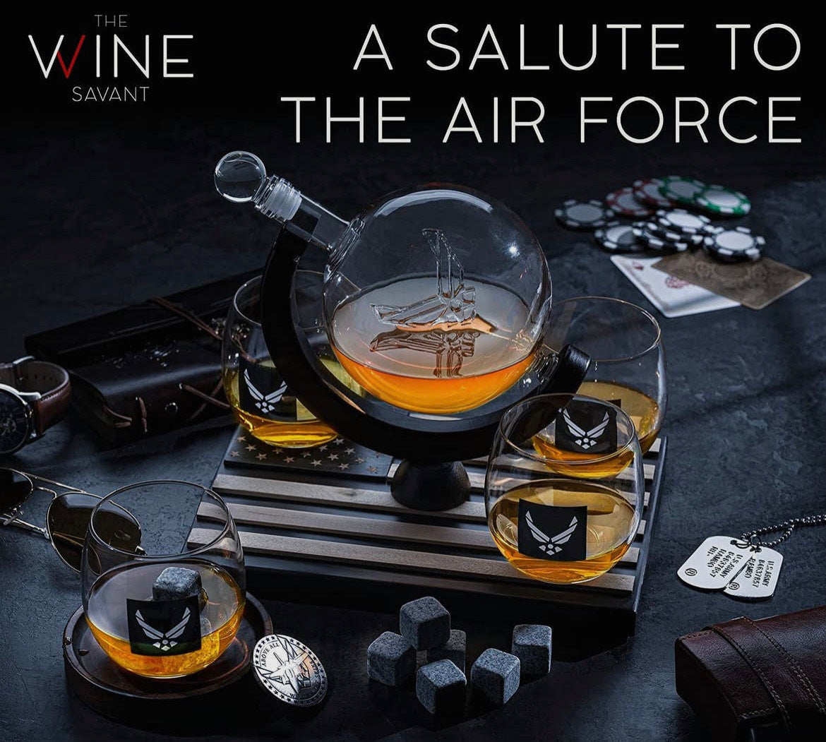Globe Whiskey Decanter Set with 4 Liquor Glasses - Airforce