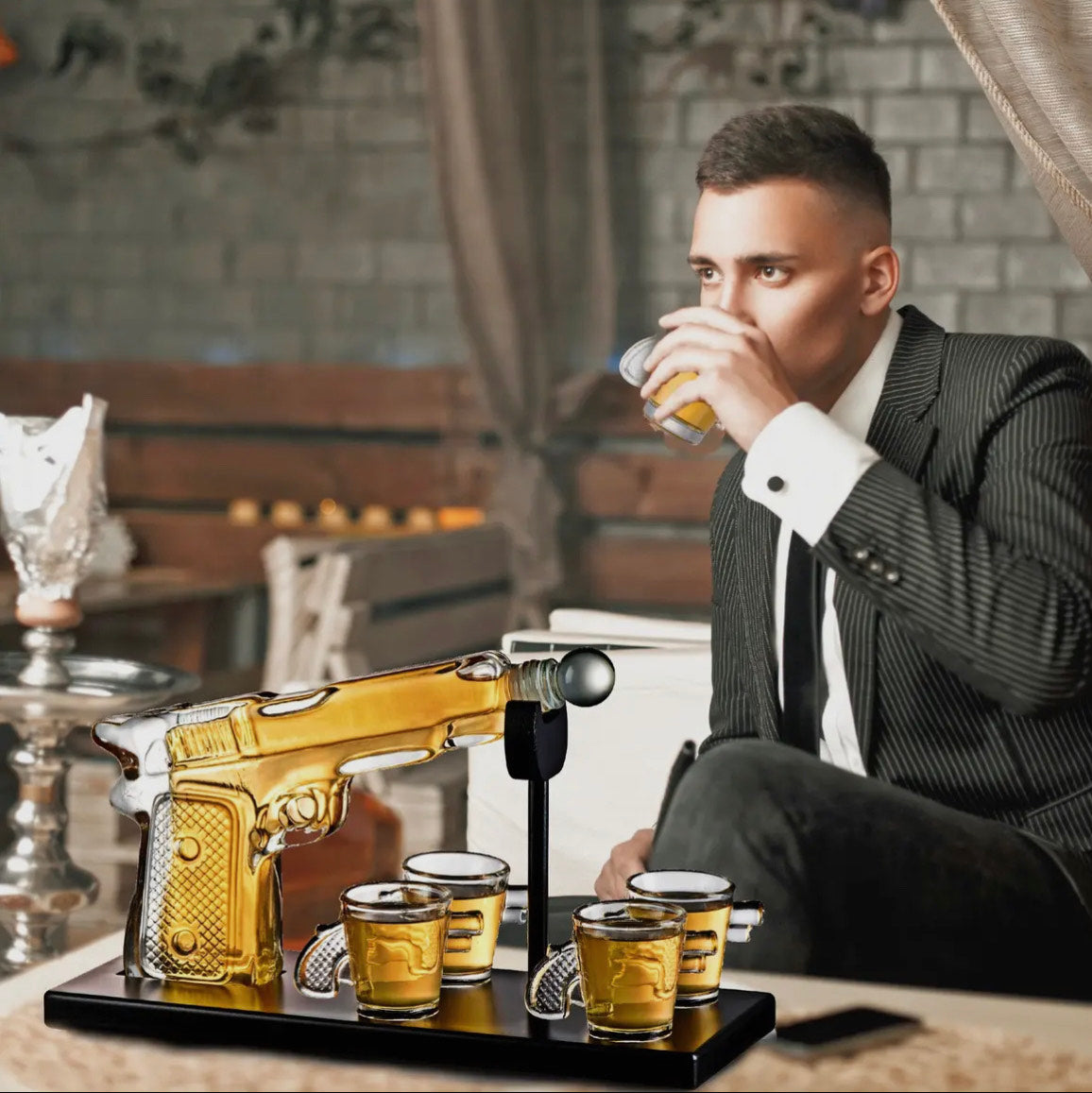 Whiskey Gun Decanter Set with 4 Gun Shaped Glasses On Tray