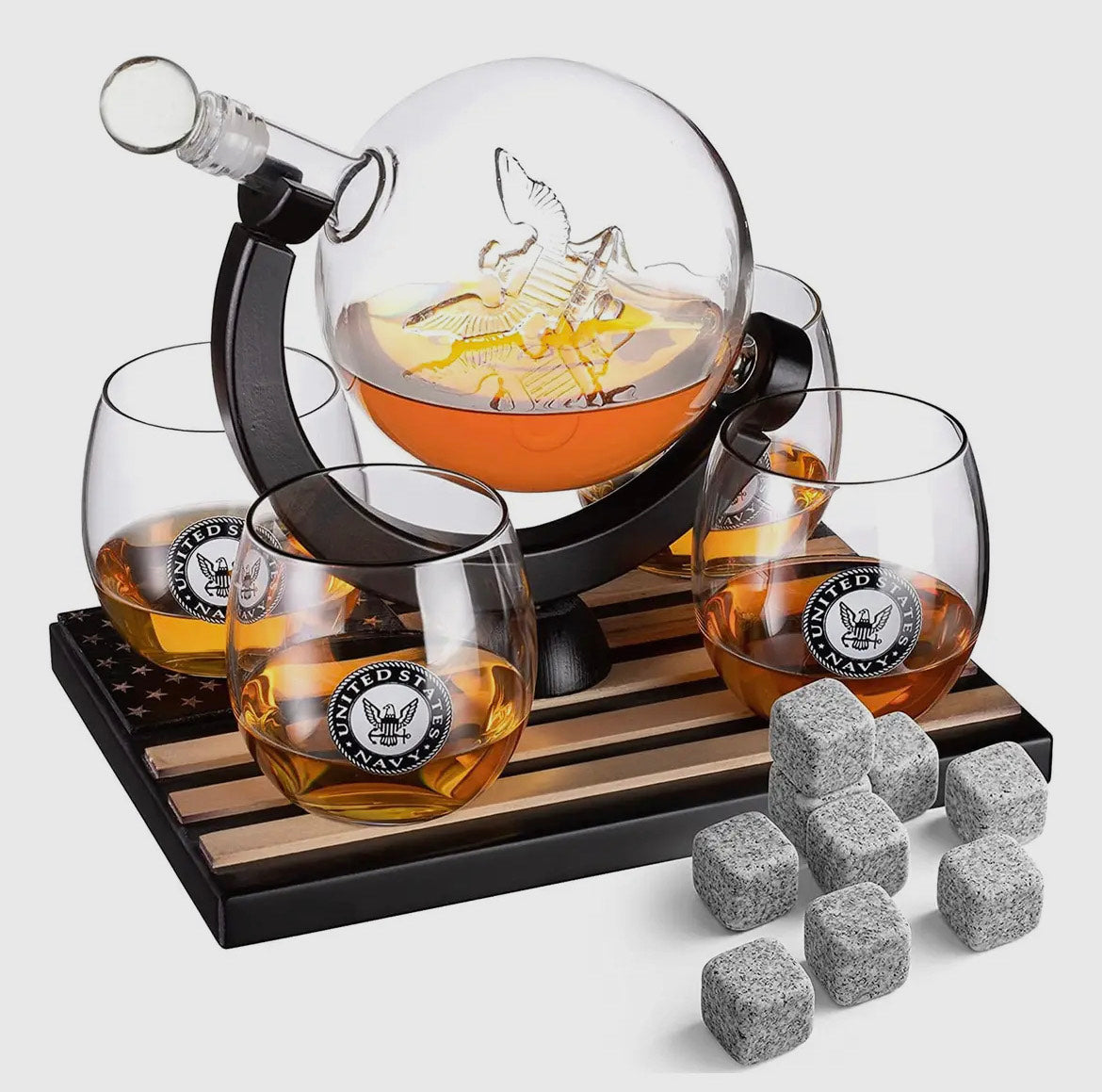 SALUTE OUR HEROES Navy Globe Whiskey Decanter Set with 4 Liquor Glasses