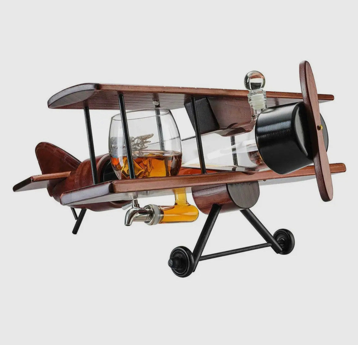 Whiskey Decanter Airplane Set and 2 Airplane Glasses Antique