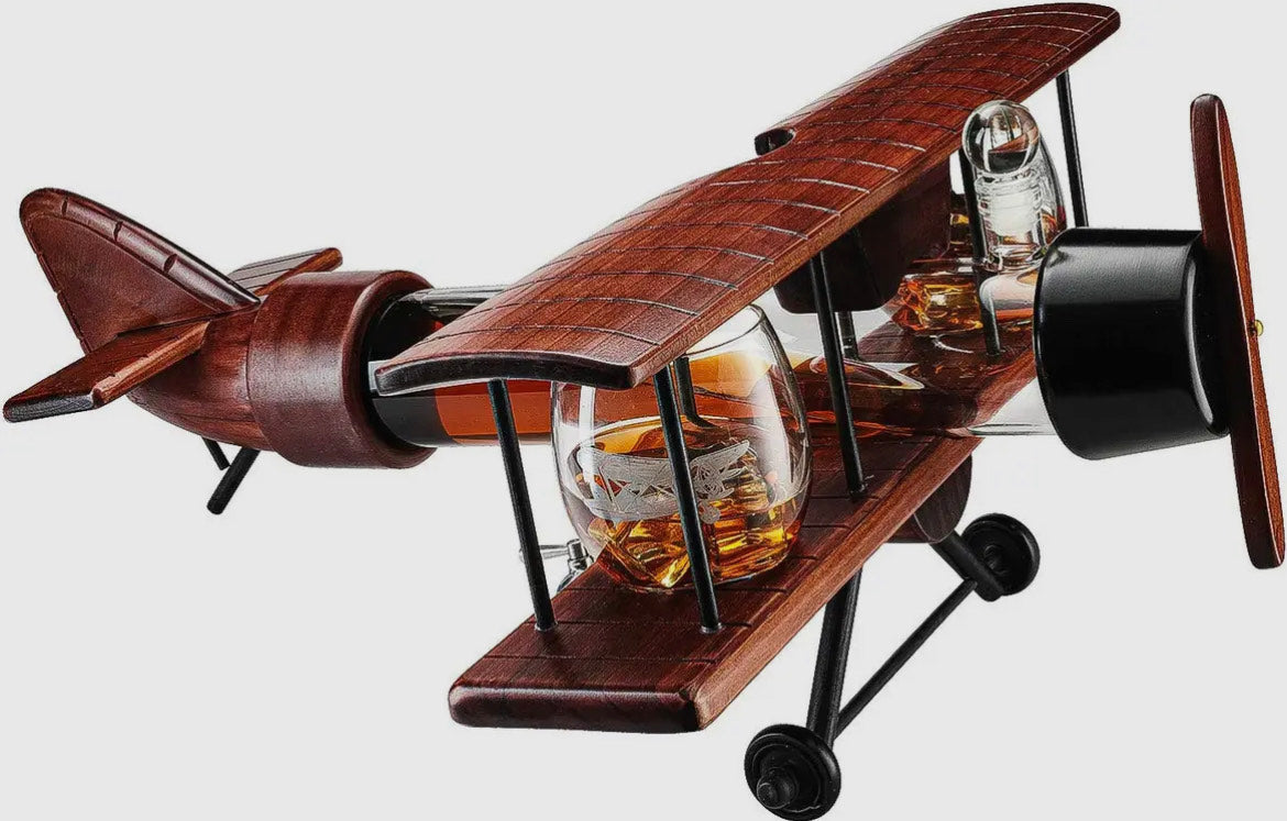Whiskey Decanter Airplane Set and 2 Airplane Glasses Antique