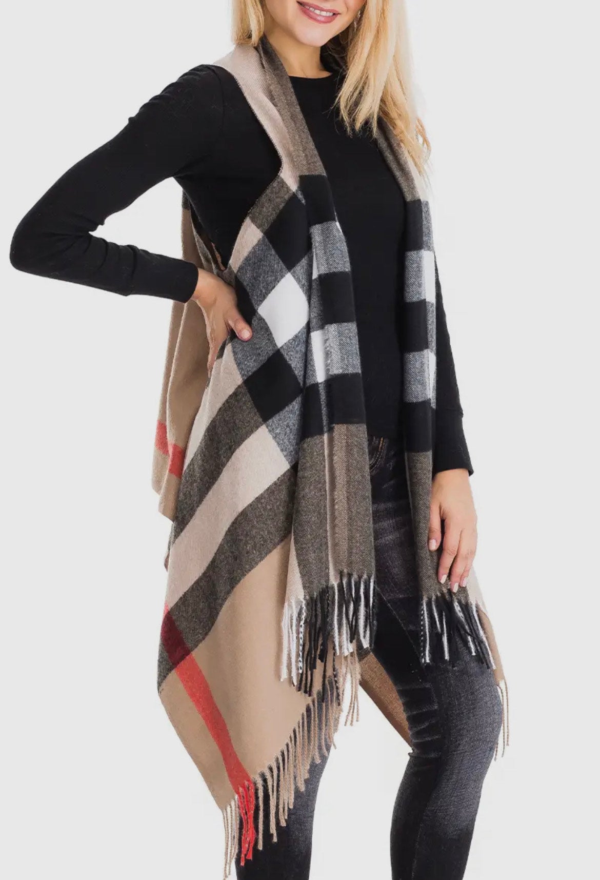 Plaid Virgin Wool Sky Cashmere Cover-Up Long Vest