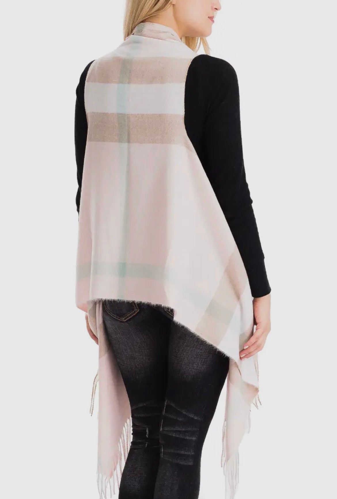 Plaid Virgin Wool Sky Cashmere Cover-Up Long Vest