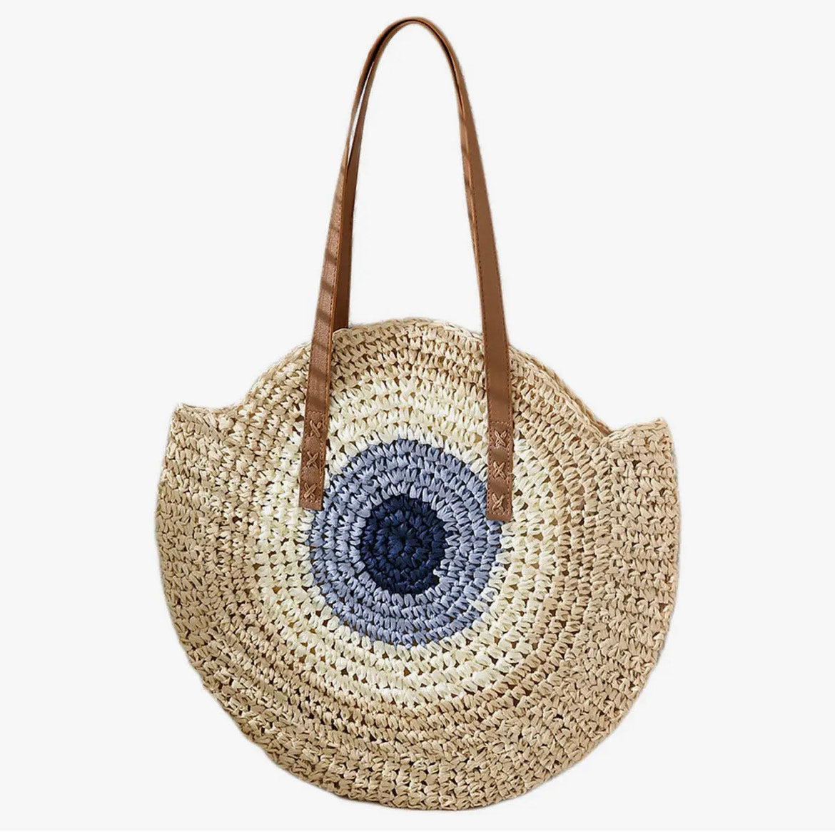 Boho Evil Eye Rattan Paper Straw Wicker Round Beach Tote Bag