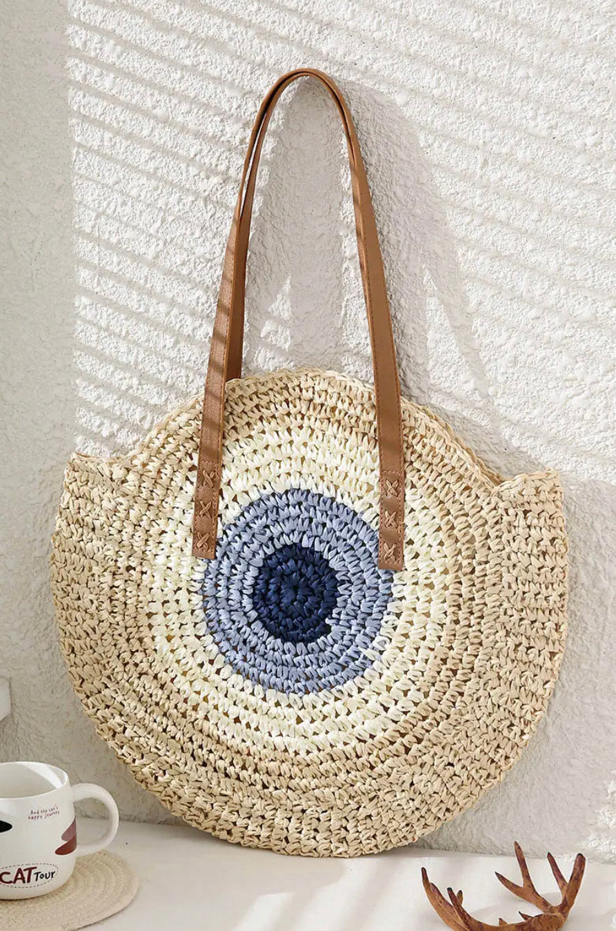 Boho Evil Eye Rattan Paper Straw Wicker Round Beach Tote Bag
