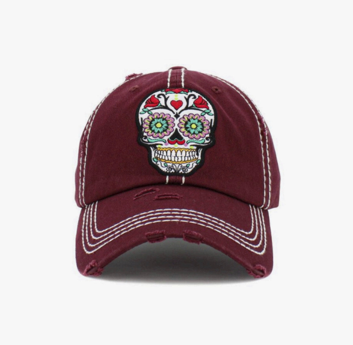 Maroon Day of The Dead Skull Cap