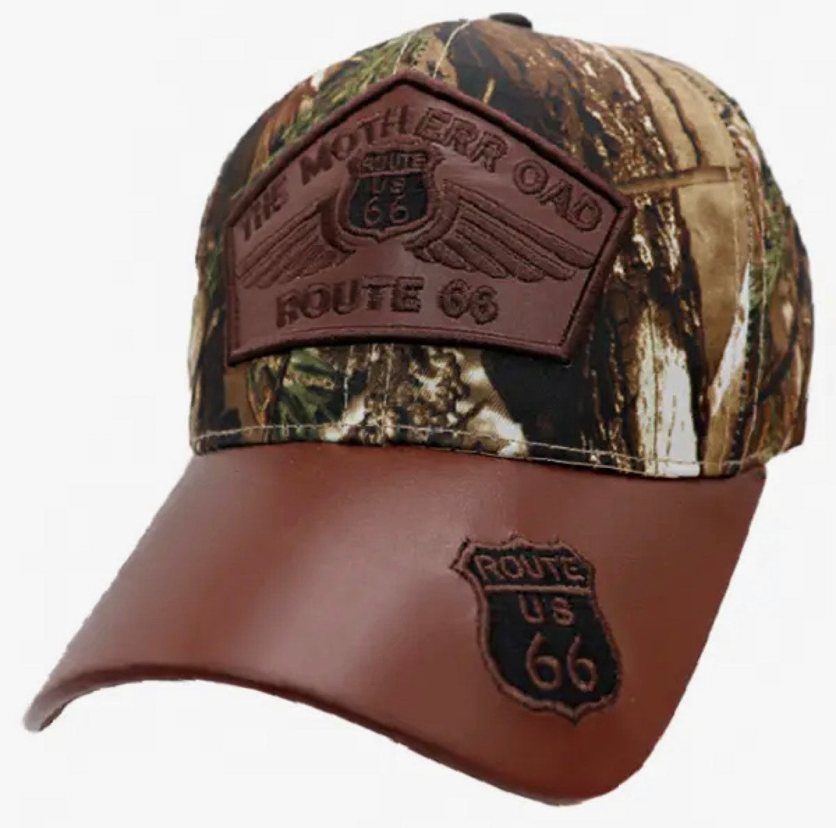 Route 66 Logo Patch PU Leather Bill Baseball Cap