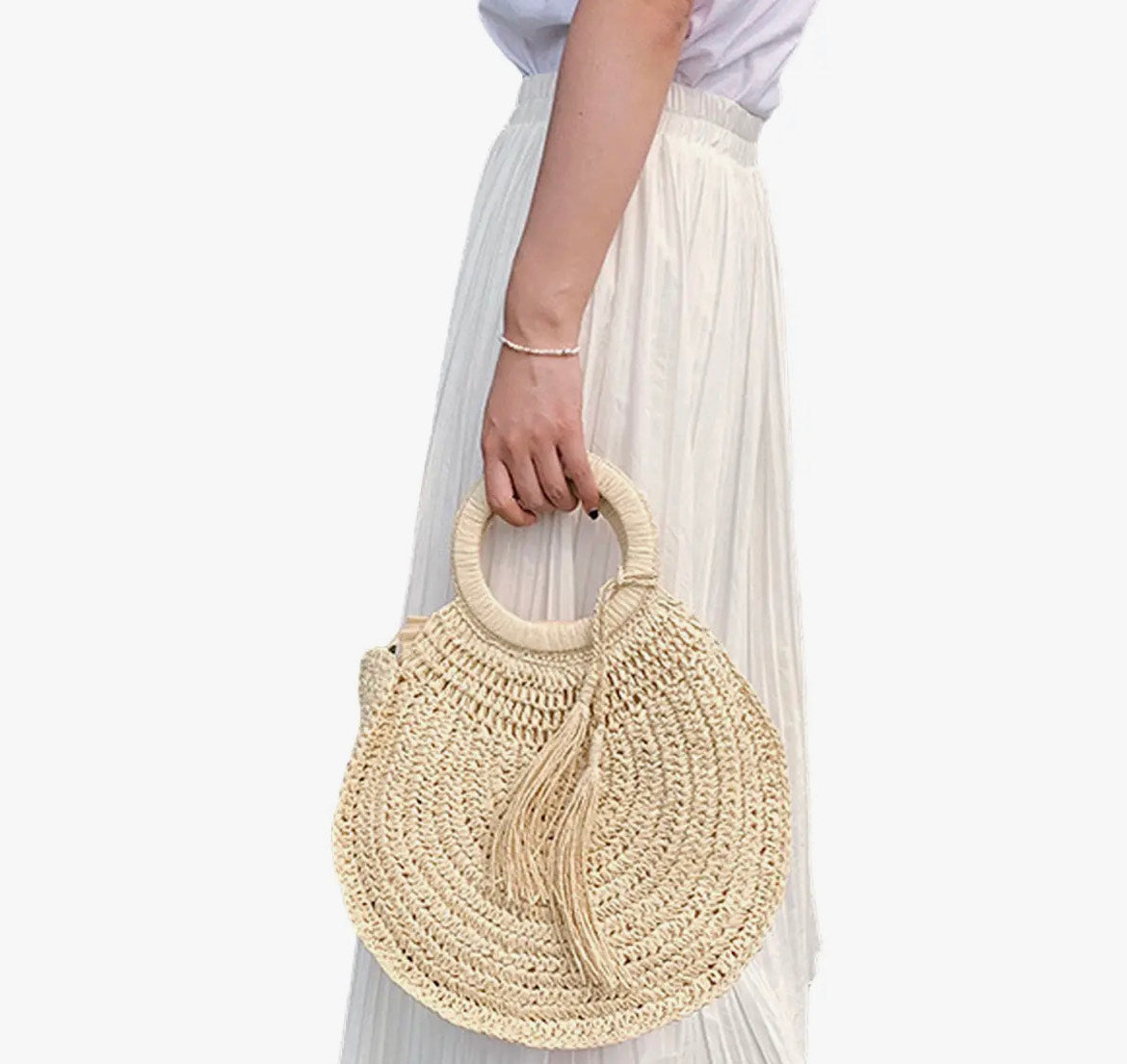 Woven Rattan Straw Circular Wicker Top Round Handle Tote Bag