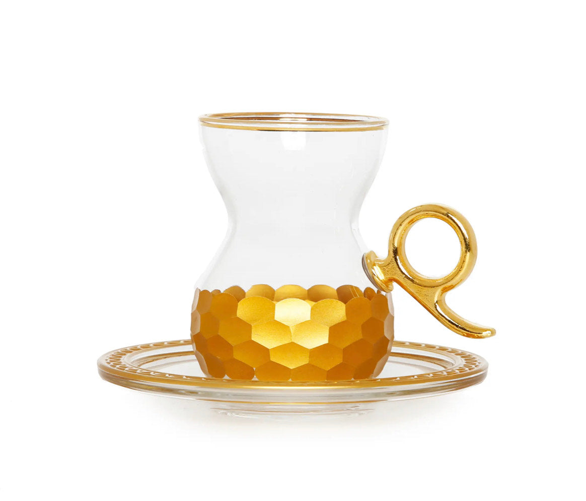 Set of 6 Tea Glasses and Saucers with Gold Hammered design