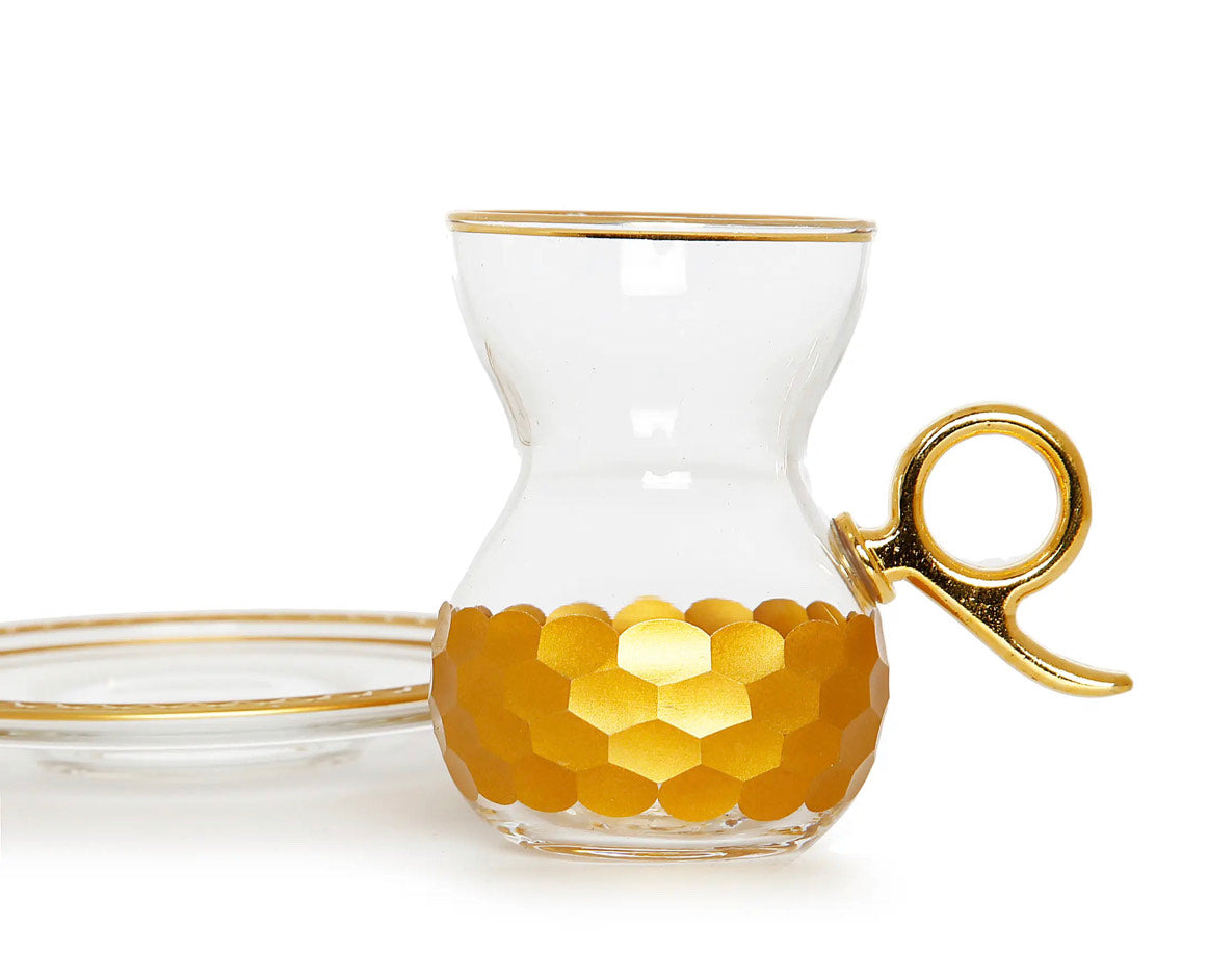 Set of 6 Tea Glasses and Saucers with Gold Hammered design
