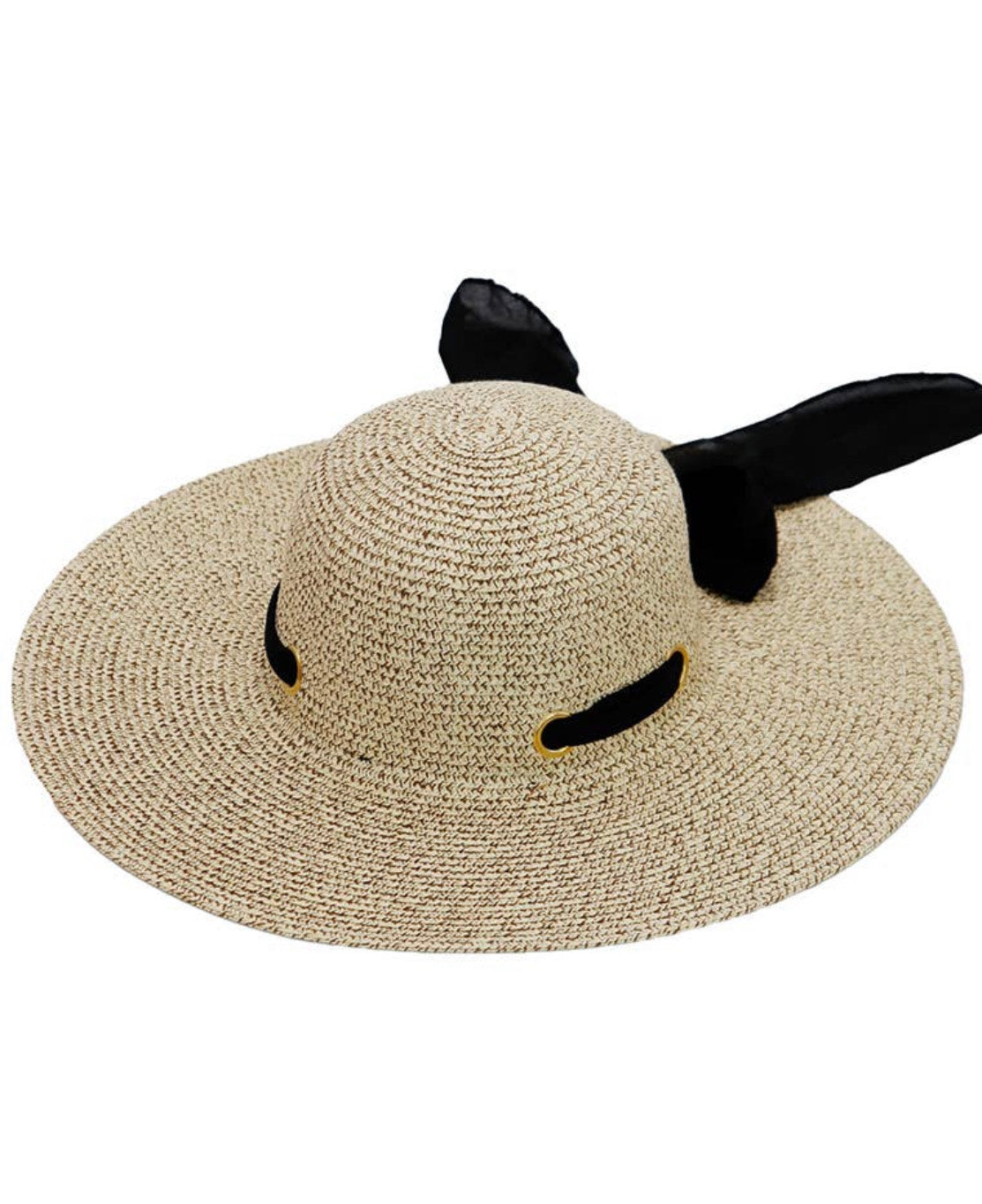 Black Chiffon Ribbon Gold Eyelet Mix Grain Floppy Sun Hat