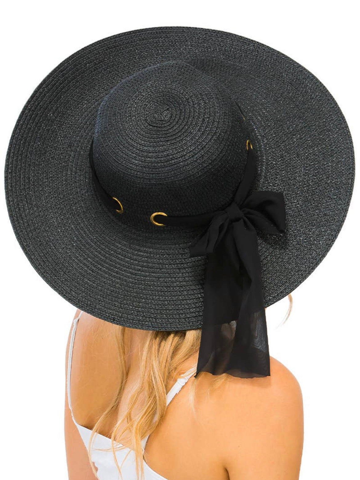 Black Chiffon Ribbon Gold Eyelet Mix Grain Floppy Sun Hat