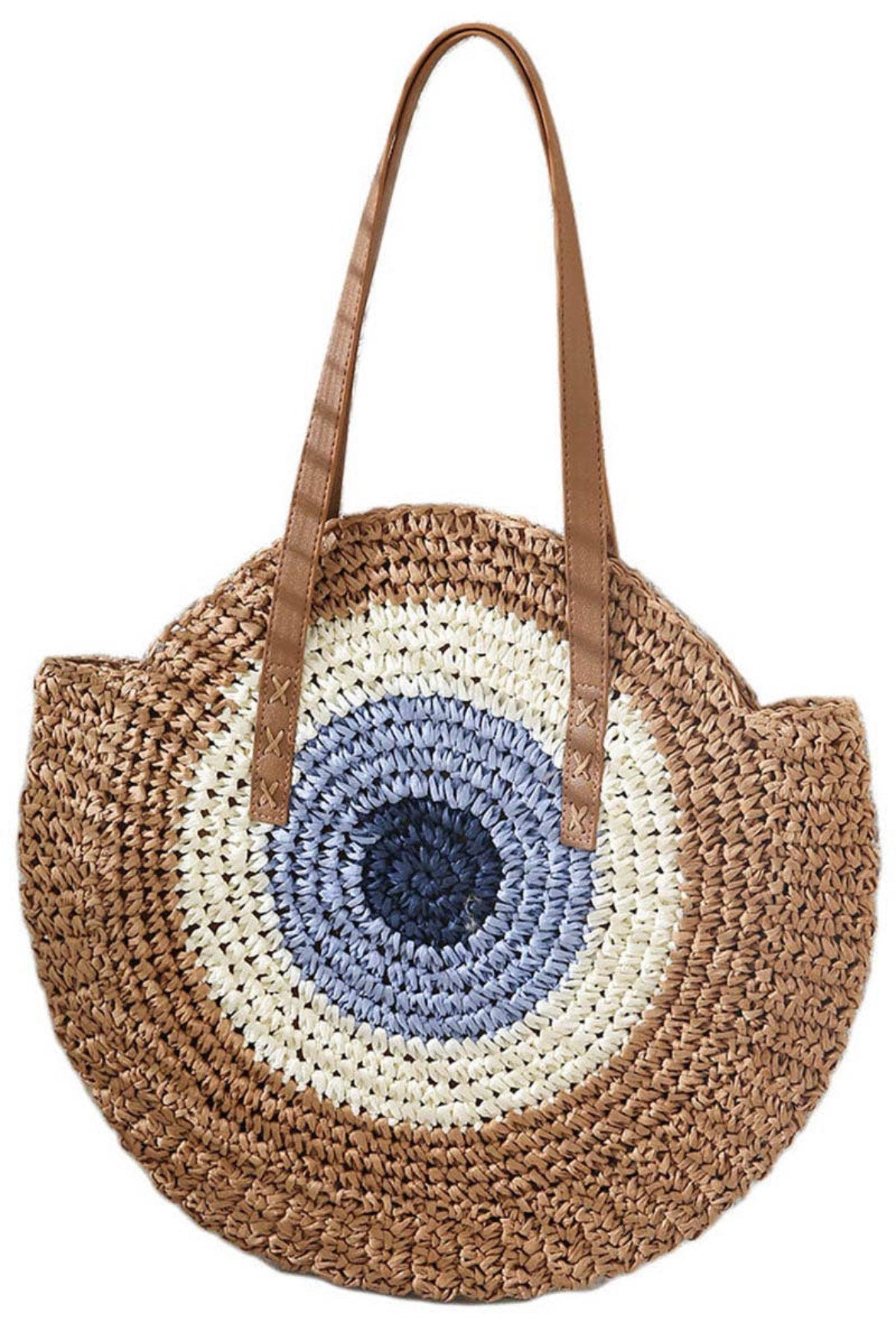 Boho Evil Eye Rattan Paper Straw Wicker Round Beach Tote Bag