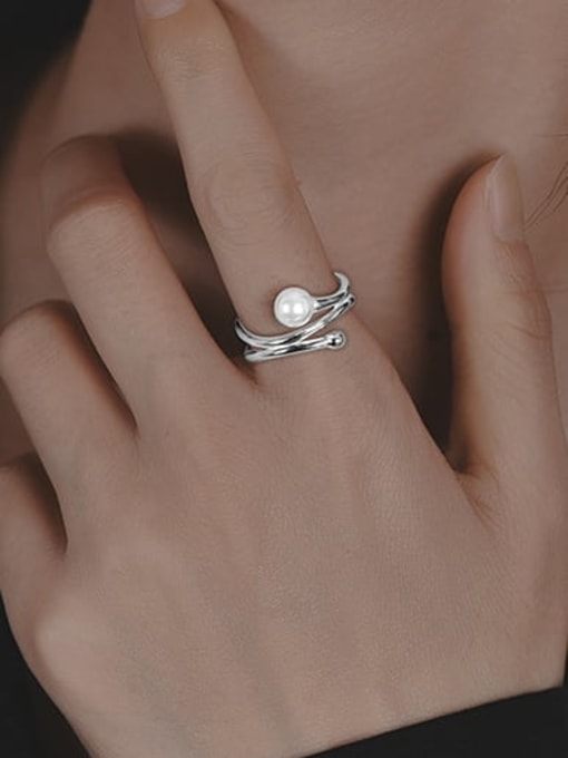 925 Sterling Silver Imitation Pearl Geometric Minimalist Stackable Ring
