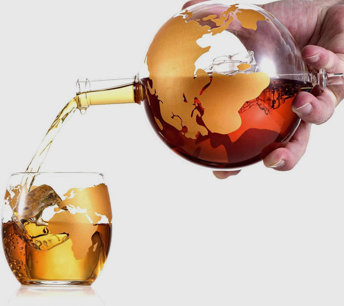 Colored Globe Decanter On Wood Base