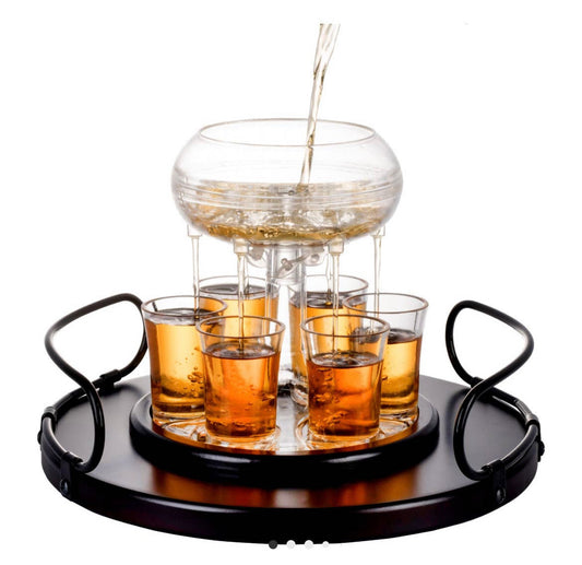 6 Shot Glass Dispenser Gift Set - Mahogany Tray Drinking Set