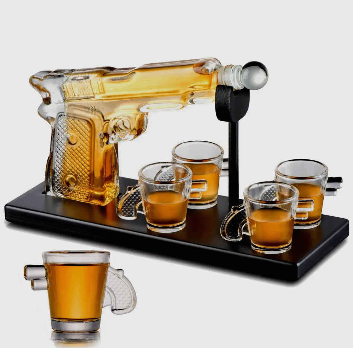 Whiskey Gun Decanter Set with 4 Gun Shaped Glasses On Tray