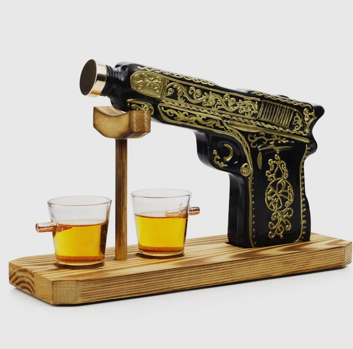 Glass Hand Painted Pistol Gun Decanter & Shot Glasses Set