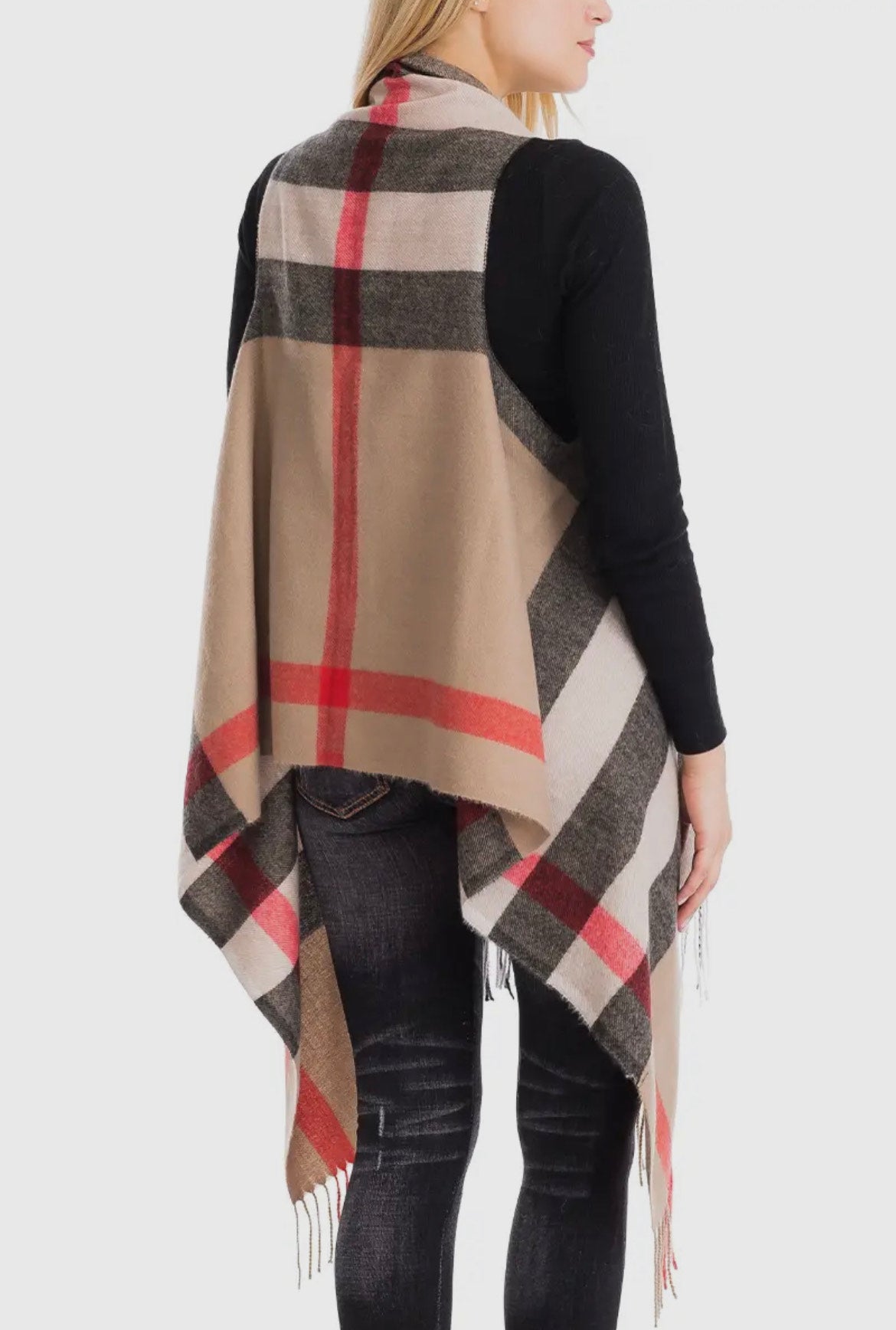 Plaid Virgin Wool Sky Cashmere Cover-Up Long Vest