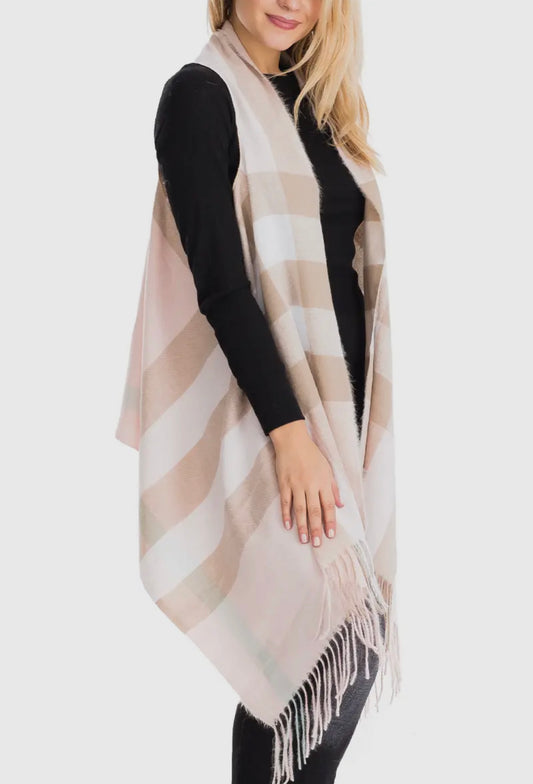 Plaid Virgin Wool Sky Cashmere Cover-Up Long Vest