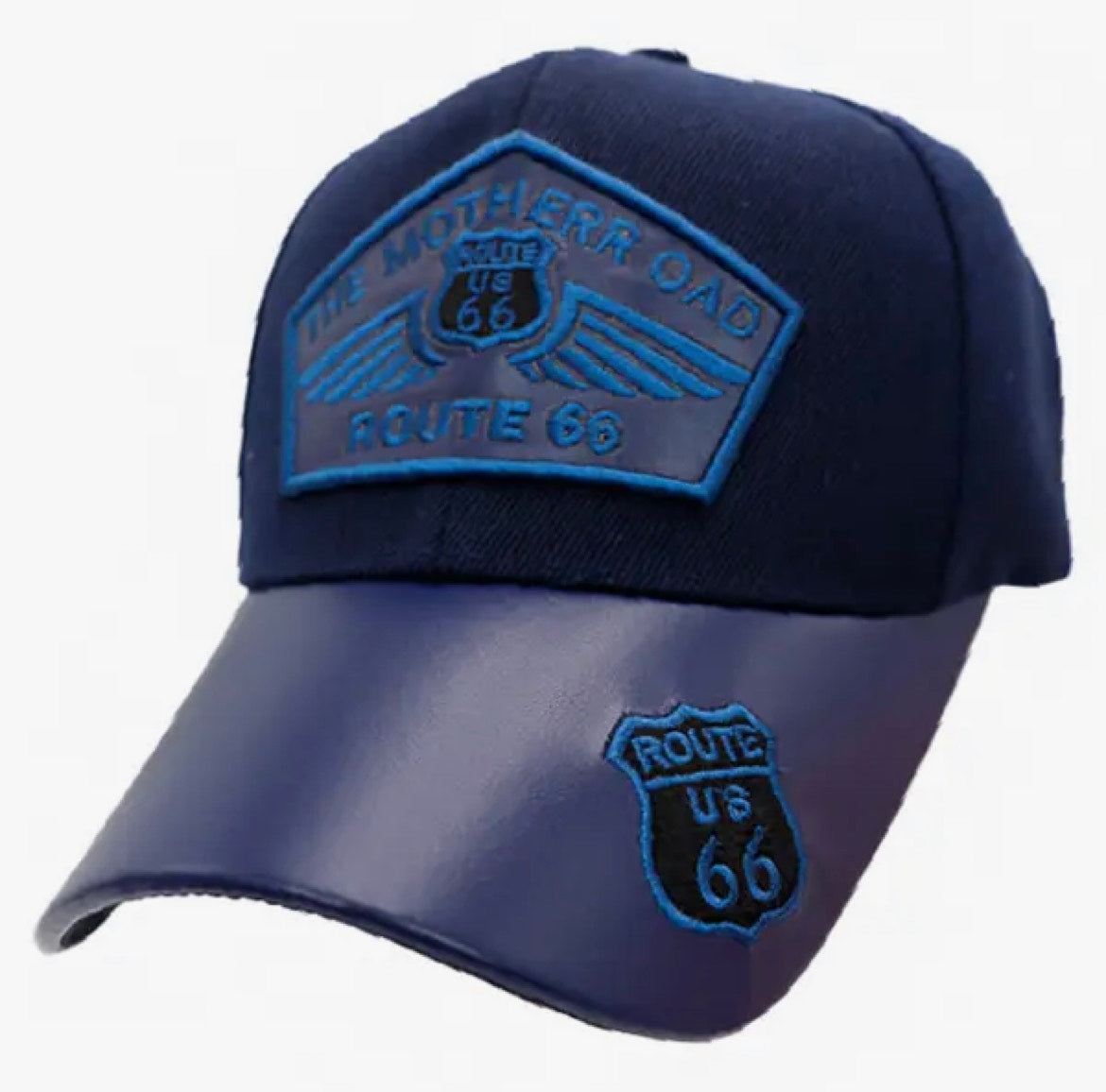 Route 66 Logo Patch PU Leather Bill Baseball Cap