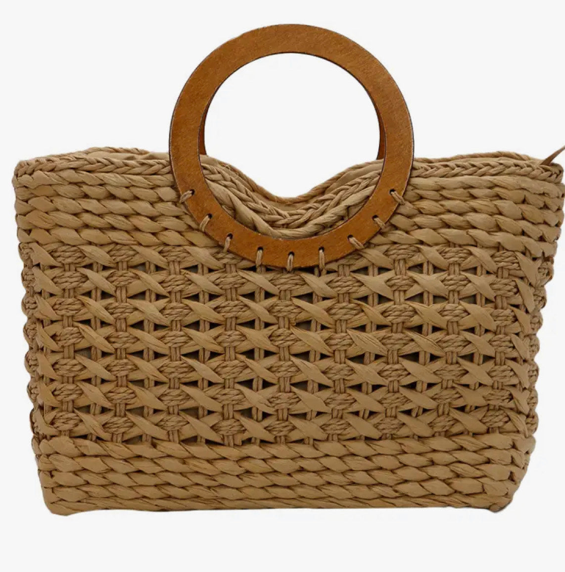 Wicker Top Round Wooden Handle Basket Tote Bag