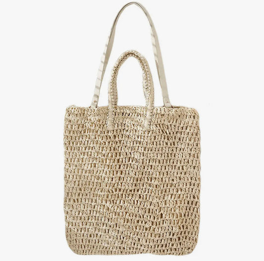Woven Rattan Paper Straw Double Handle Beach Tote Bag