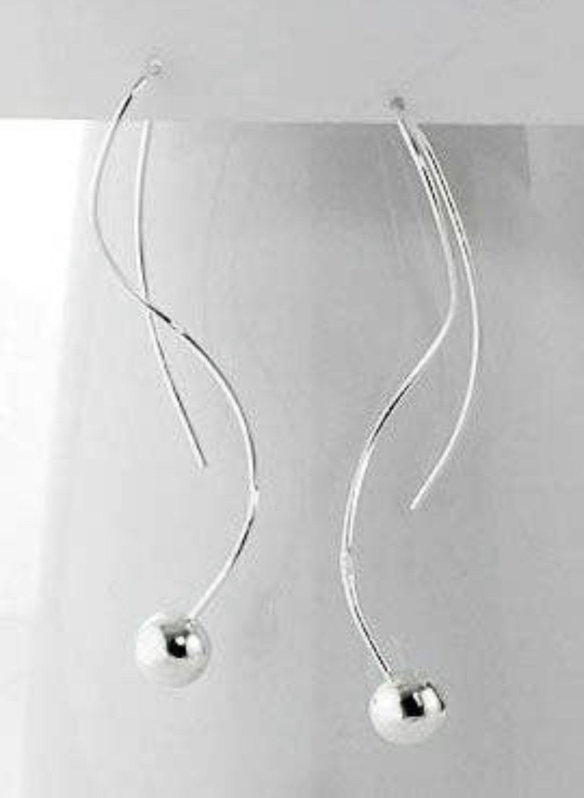 Linear Spiral Shaped Wire and Ball Drops Sterling Silver Wire Hook Earrings