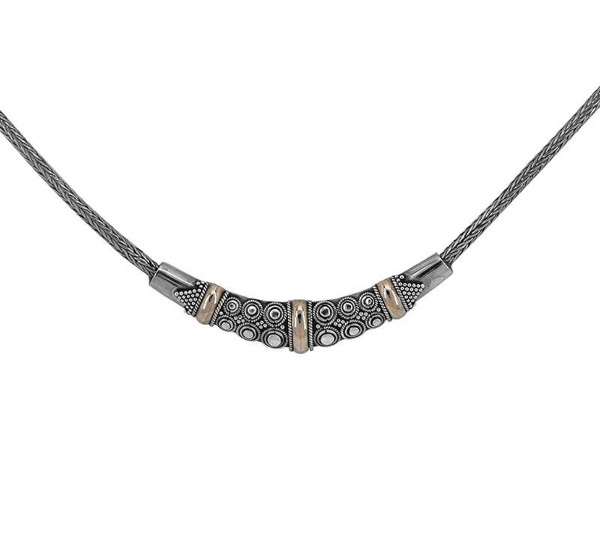 Sterling Silver Decorative Crescent with 22k Gold Accents Necklace
