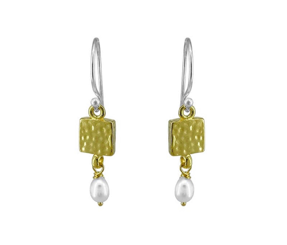 18k Gold Hammered Square with Pearl Drop