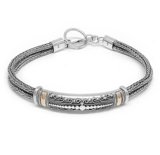 Double Sterling Silver Snake Link Bracelet with Two 22k Gold